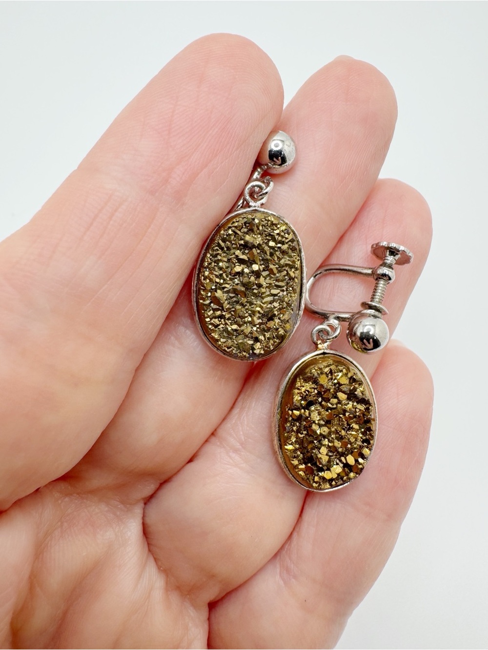 Vintage Sterling Silver Gold Druzy Oval Screw-Back Earrings